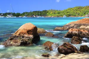 Enjoyment Prints: Sunny day at the beach with turquoise water and rocks on Praslin Island in Seychelles