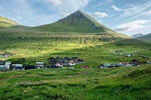 Scandinavian Prints: A sunny day in Gjogv on Eysturoy Island, Faroe Islands, Denmark, North Atlantic, Europe
