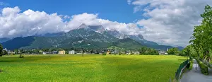 Salzburg Prints: Sunny day landscape view near Saalfelden surrounded by mountains and fields in Salzburg region
