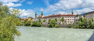 Innsbruck Prints: Sunny day view of St. Jakob Cathedral and River Inn with colorful buildings in Innsbruck