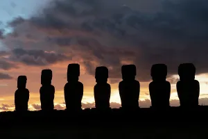 Ritual Prints: Sunrise over ahu tongariki with moai statues on easter island in chile
