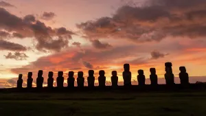 Silhouettes Prints: Sunrise at ahu tongariki with moai statues in easter island rapa nui chile