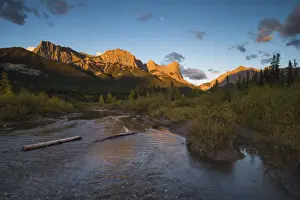 Alpenglow Prints: Sunrise and Alpenglow on Mount Lawrence Grassi and Ha Ling Peak in autumn, Canmore