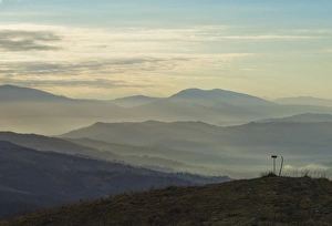 Apennines Prints: Sunrise on Apennines on a winter day with fog, Gubbio, Umbria, Italy, Europe
