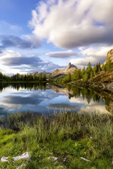 Mountain Ranges Prints: Sunrise over Becco di Mezzodi and pristine alpine Lake Federa in summer
