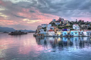Oceans Gallery: Sunrise, buildings at Harbour Entrance, Kastellorizo (Megisti) Island, Dodecanese Group