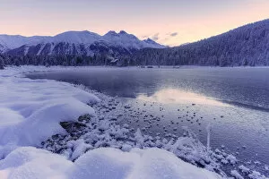 Landscapes Collection: Sunrise over the frozen lake Lej da Staz and snowy woods, St