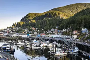 Fishing Industry Prints: Sunrise over the harbour, town and forests