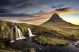 Kirkjufell Prints: Sunrise at Kirkjufell Mountain overlooking a small waterfall, Iceland, Polar Regions