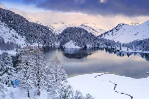 Overcast Prints: Sunrise over Lake Cavloc after a snowfall, Bregaglia Valley, Engadine