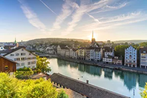Old Fashioned Prints: Sunrise over Limmat River seen from Lindenhof Hill, Zurich, Switzerland, Europe