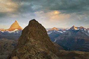 Dent Blanche Prints: Sunrise over Matterhorn and Dent Blanche view from Riffelhorn, aerial view, Zermatt