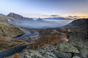 Sunrise on Matterhorn and Mount Rosa, Natural Park of Mont Avic, Valle d Aosta, Graian Alps