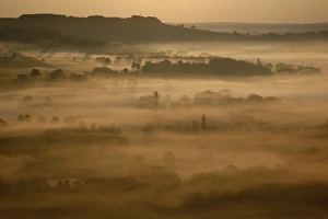 Vezelay Prints: Sunrise over misty valley from the terrace, Vezelay, Burgundy, France, Europe