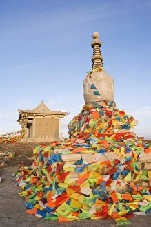 Shanxi Prints: Sunrise on a monastery stupa and prayer flags on Yedou Peak, 3058m, at Wutaishan