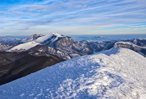 Sunrise on Mountain Catria from the summit of Cucco in winter, Apennines, Umbria