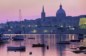 Valletta Prints: Sunrise over Msida Creek to Valletta with Dome of Carmelite Church, Valletta