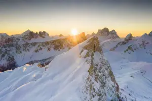Sunbeam Prints: Sunrise on Ra Gusela, Lastoi De Formin and Monte Pelmo covered with snow, Giau Pass