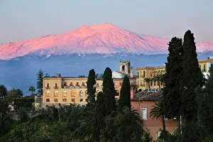 Images Dated 12th March 2008: Sunrise over Taormina and Mount Etna with Hotel San Domenico Palace, Taormina