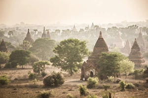 Burmese Prints: Sunrise at the Temples of Bagan (Pagan), Myanmar (Burma), Asia