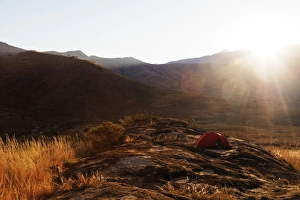 Tent Prints: Sunrise on a tent, Tsaranoro Valley, Ambalavao, central area, Madagascar, Africa