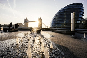 Tower Bridge Prints: Sunrise behind Tower Bridge and The Mayors Building (City Hall), London, England
