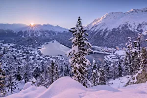 Engadine Prints: Sunrise over village and Lake of St