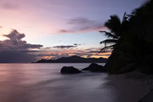 Arecaceae Prints: Sunset at Anse Source d Argent looking toward Praslin, Union Estate Park, La Digue
