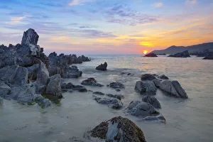 Devon Prints: Sunset over Atlantic, Combesgate Beach, Woolacombe, Devon, England, United Kingdom, Europe