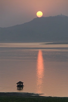 Traditionally Myanmarian Prints: Sunset, Ayeyarwaddy River, Bagan (Pagan), Myanmar (Burma), Asia