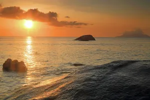 Hour Prints: Sunset at Beau Vallon beach with rocks and sea in Seychelles
