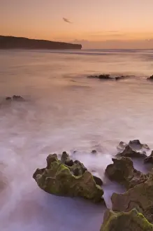 Seascapes Prints: Sunset over blurred milky water, Amoreira beach near Alzejur, Algarve, Portugal, Europe