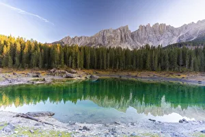 Sunset over Carezza Lake and Latemar mountain range, Dolomites, South Tyrol, Italy
