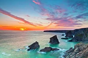 View From Above Prints: Sunset, Carnewas and Bedruthan Steps, Cornwall, England, United Kingdom, Europe