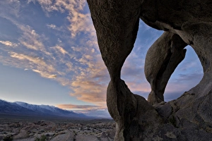 Alabama Hills Prints: Sunset through Cyclops Skull Arch, Alabama Hills, Inyo National Forest, California