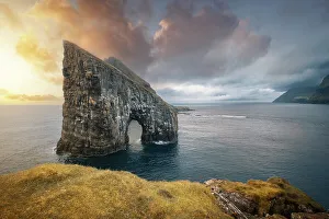 Natural Wonder Prints: Sunset at Drangarnir, the famous sea stack in Vagar island