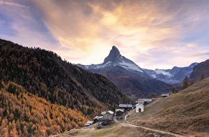 Sunset at Findeln village with Matterhorn in the background. Zermatt, Mattertal, Canton of Valais