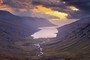 Images Dated 14th September 2009: Sunset over Fjardardalur valley and Mjoifjordur fjord, East Fjords region (Austurland)