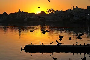 Sunsets Prints: Sunset on the ghats at Pushkar holy Lake, Pushkar, Rajasthan, India, Asia