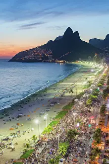 Brazilian Prints: Sunset over Ipanema Beach and Dois Irmaos (Two Brothers) mountain, Rio de Janeiro