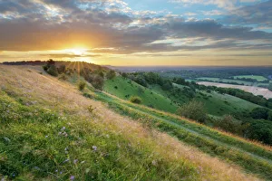 Countryside Prints: Sunset over Iron-Age hill fort of Beacon Hill, near Highclere, Hampshire, England