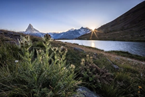 Sunset at Lake Stellisee with the Matterhorn in the background, Zermatt, Canton of Valais