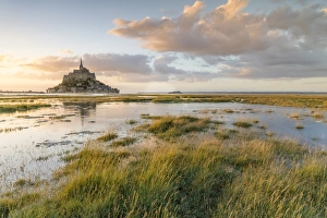 Moody Sky Gallery: Sunset light, Mont-Saint-Michel, UNESCO World Heritage Site, Normandy, France, Europe