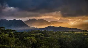 Kauai Prints: Sunset light streaking through mountains, Kauai, Hawaii, United States of America