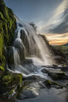 Sunset at the Loup o Fintry waterfall near the village of Fintry, Stirlingshire, Scotland