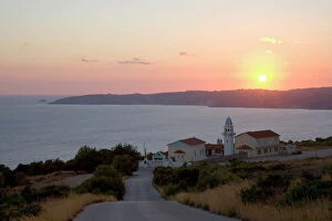 Traditionally Greek Gallery: Sunset over Lourdata Bay, monastery prominent, near Lourdata, Kefalonia (Kefallonia, Cephalonia)