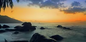 Retreat Prints: Sunset over the ocean at Beau Vallon beach in Mahe Seychelles with rocks and silhouettes of palm trees