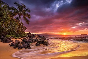 Palm Prints: Sunset on the ocean at Pa ako Beach (Secret Cove), Maui, Hawaii