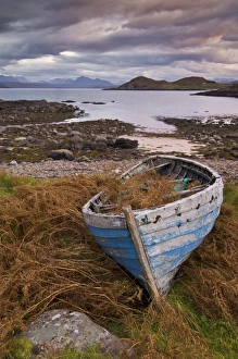 Images Dated 23rd October 2009: Sunset, old blue fishing boat, Inverasdale, Loch Ewe, Wester Ross, north west Scotland