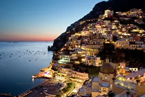 Vanishing Point Gallery: Sunset overlooking Positano on the Amalfi Coast, UNESCO World Heritage Site, Campania